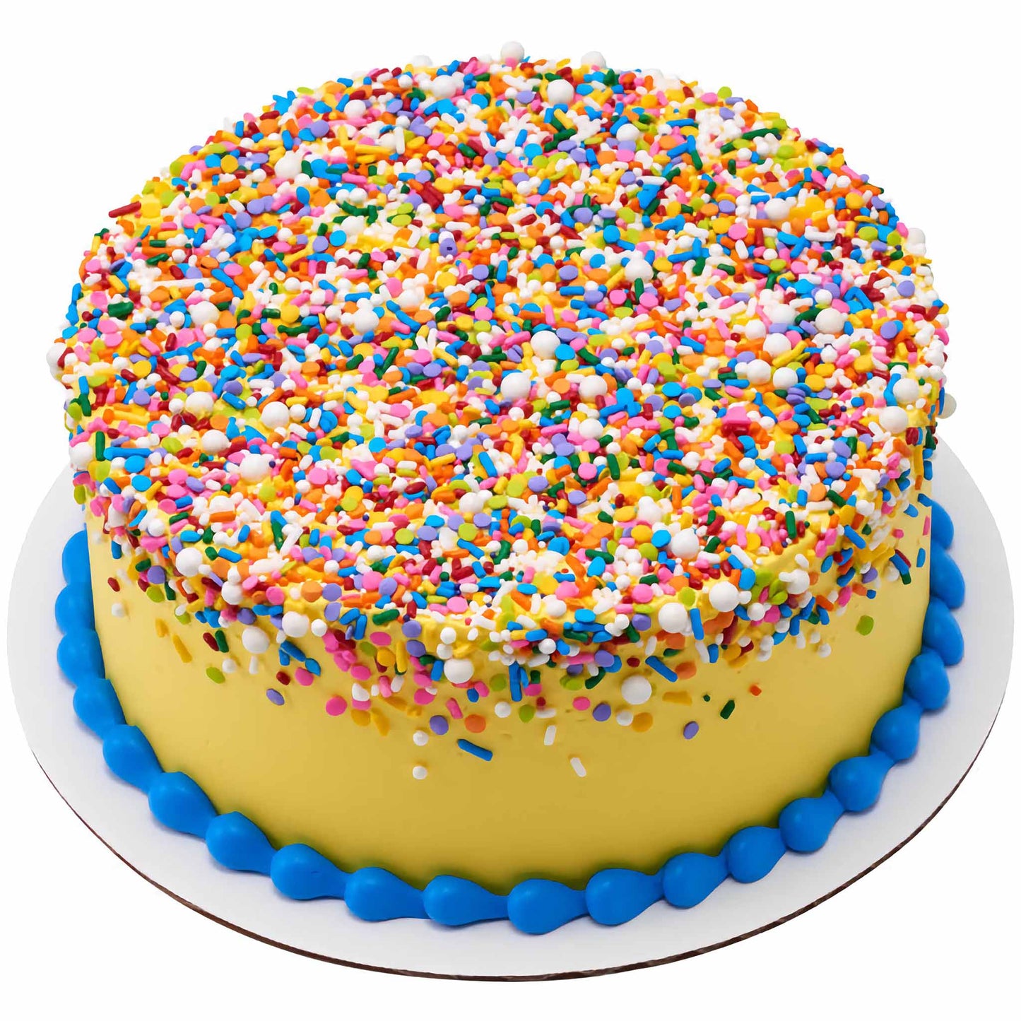 Festive yellow birthday cake with blue trim, covered on top with a dense layer of Rainbow Party Deluxe Sprinkle Blend, turning it into a vibrant centerpiece for celebrations.