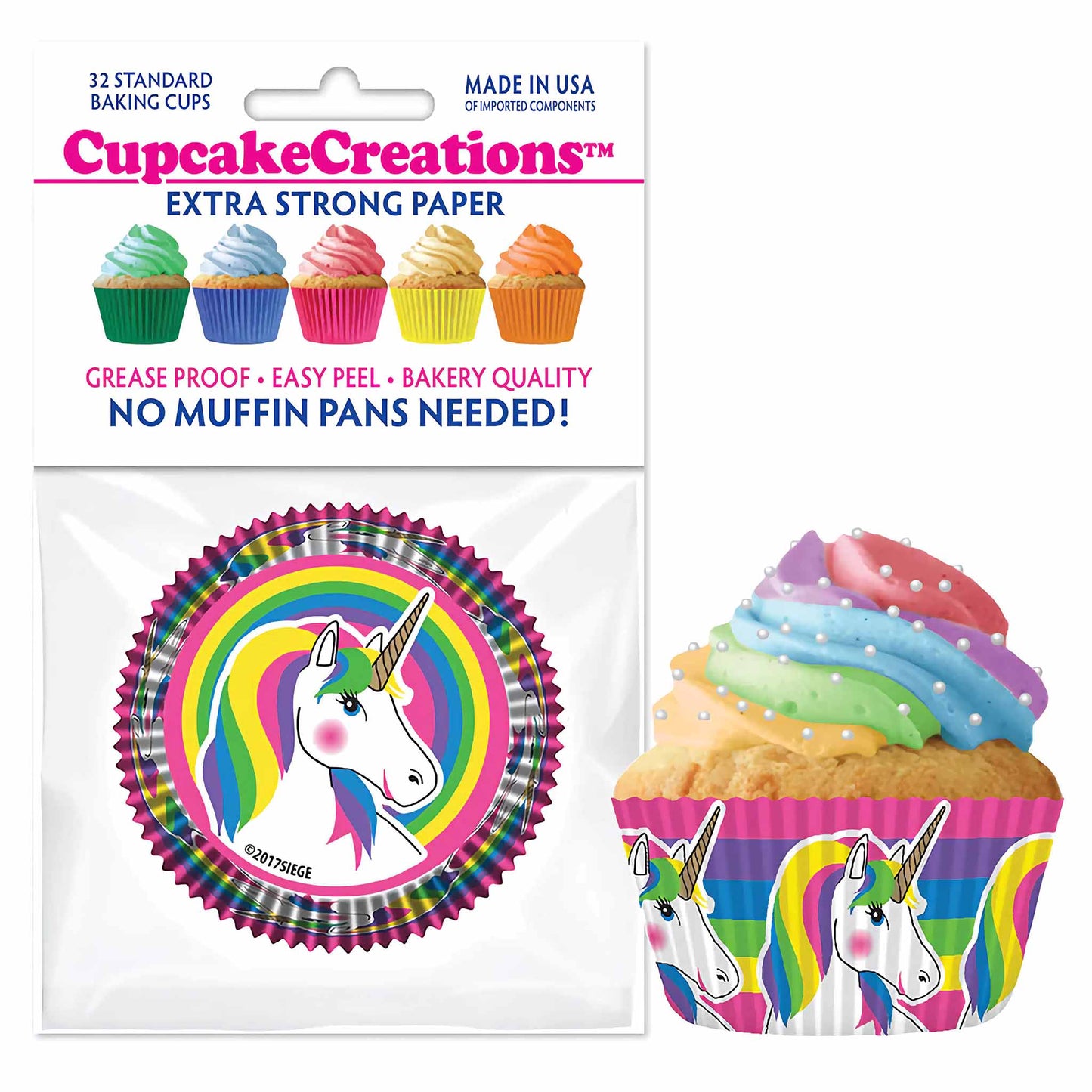 Rainbow Unicorn standard size cupcake liners, 32 count package, featuring vibrant unicorn and rainbow design, extra-strong, bakery-quality paper, naturally grease-proof, easy-peel, and meeting FDA and European safety standards. Perfect for magical-themed baking.