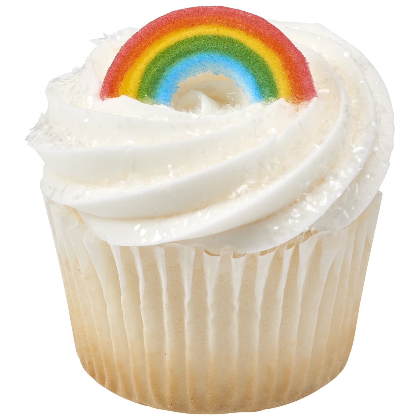 Pressed sugar rainbow decoration with vibrant red, yellow, green, and blue stripes; ideal for cake and cupcake toppers.