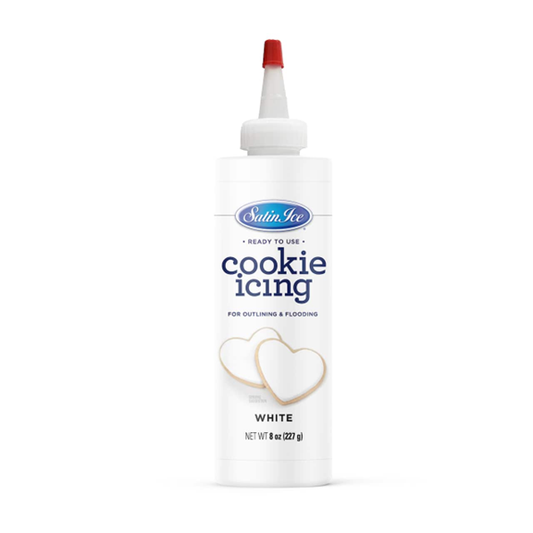 Satin Ice Ready-to-Use White Cookie Icing in an 8 oz bottle with a precision nozzle, featuring a bright white label and decorated heart-shaped cookies.