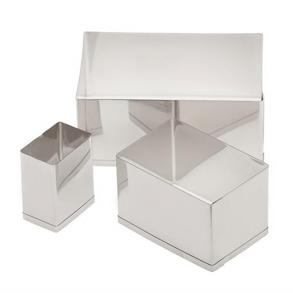 Set of 3 stainless steel rectangular cutters from Ateco, displayed standing separately.