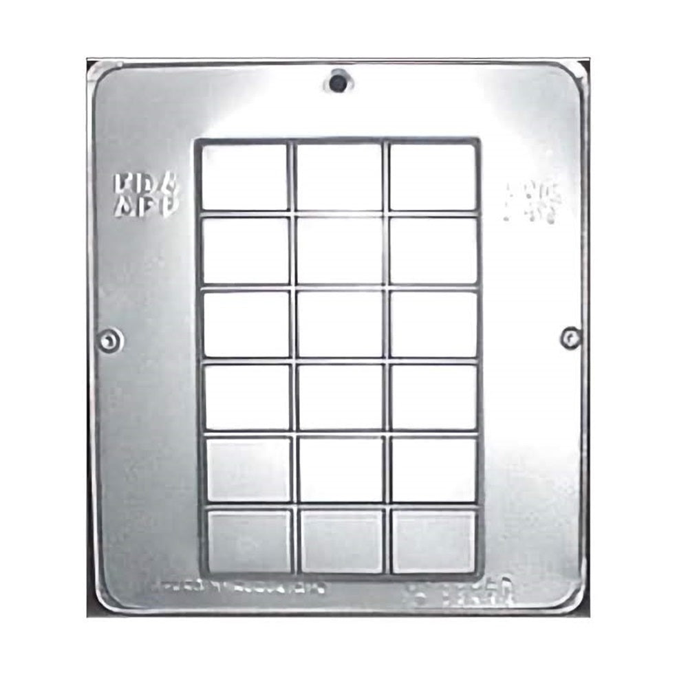Empty break-apart rectangle chocolate bar mold shown from above. This clear, detailed mold is designed to create a segmented chocolate bar that can be easily broken into individual pieces. The mold's sections are outlined with precision, highlighting the potential for uniform chocolate segments with a smooth finish and a slightly raised, decorative edge.
