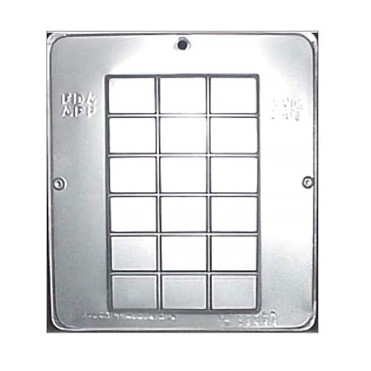 Empty break-apart rectangle chocolate bar mold shown from above. This clear, detailed mold is designed to create a segmented chocolate bar that can be easily broken into individual pieces. The mold's sections are outlined with precision, highlighting the potential for uniform chocolate segments with a smooth finish and a slightly raised, decorative edge.