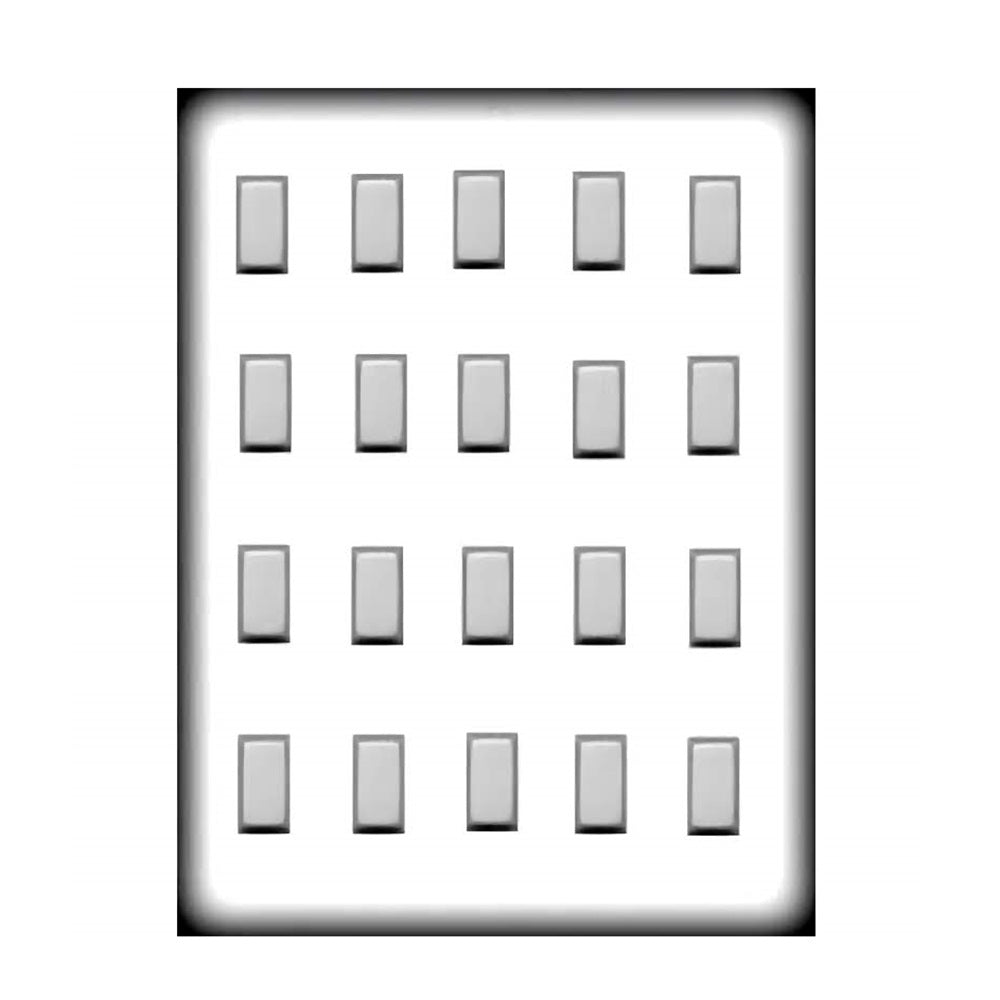 A plastic candy mold designed for making twenty small rectangular candies. Each cavity is shaped like a simple, flat rectangle, arranged in four rows of five on a plain background. The mold is made of a durable, glossy material, likely to ensure easy release of the candies once set.