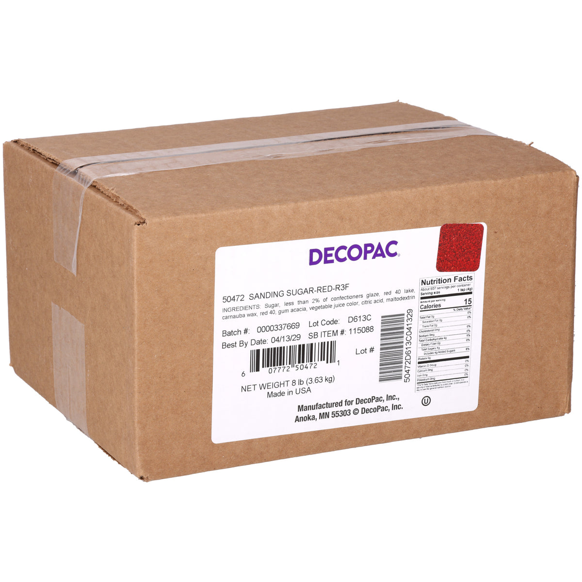 DecoPac Red Sanding Sugar 8 lb bulk case in a sealed brown cardboard box with product identification label, item #50472.