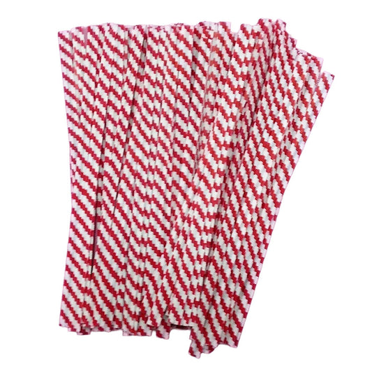 Bundle of red and white striped paper twist ties, 4 inches long, perfect for holiday treat bags or festive packaging.