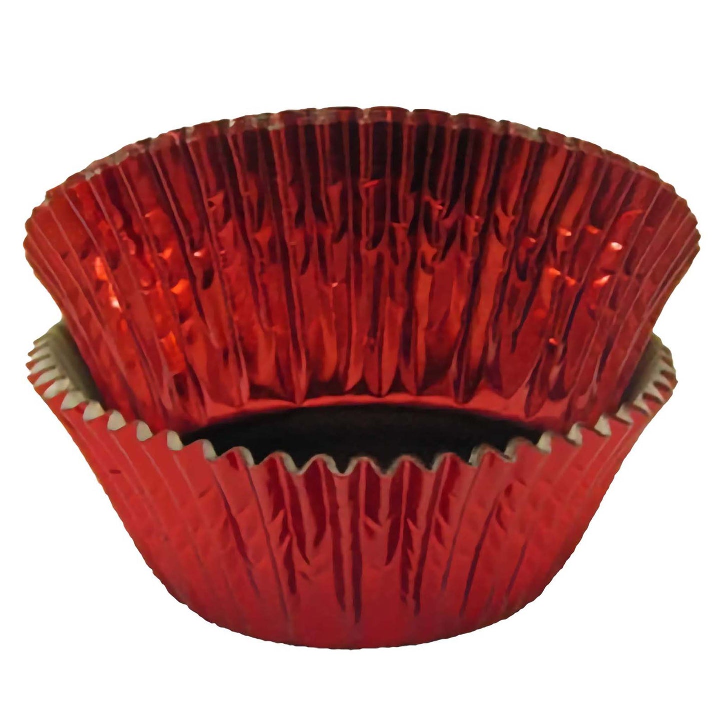 Standard-sized red foil baking cups, stacked in a nesting arrangement. These cups have a shiny, reflective surface that enhances the vibrant red color, making them ideal for festive occasions.