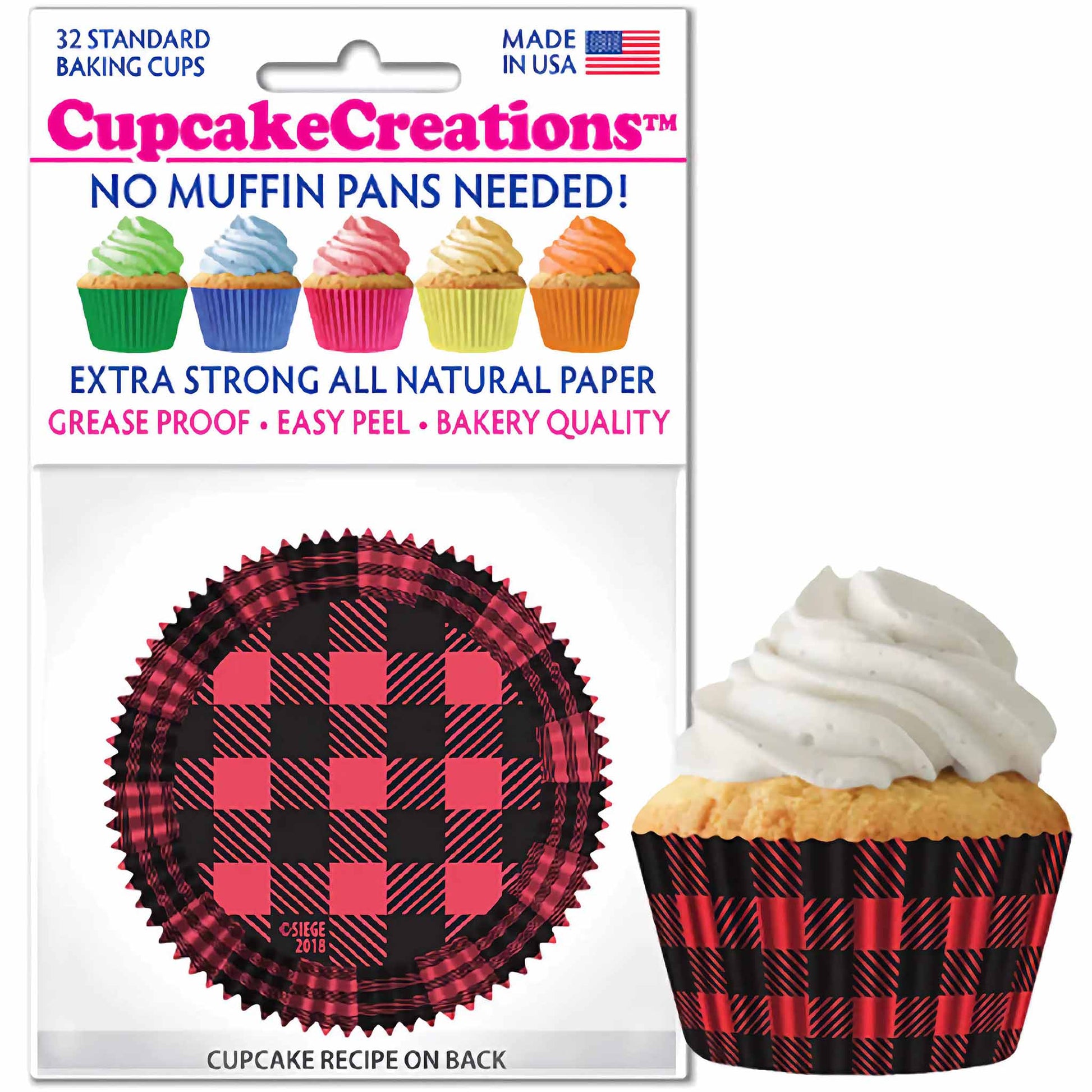Red and Black Plaid standard size cupcake liners, 32 count package, featuring extra-strong, all-natural paper, naturally grease-proof, printed with no-fade, food-safe dyes. Ideal for themed occasions.