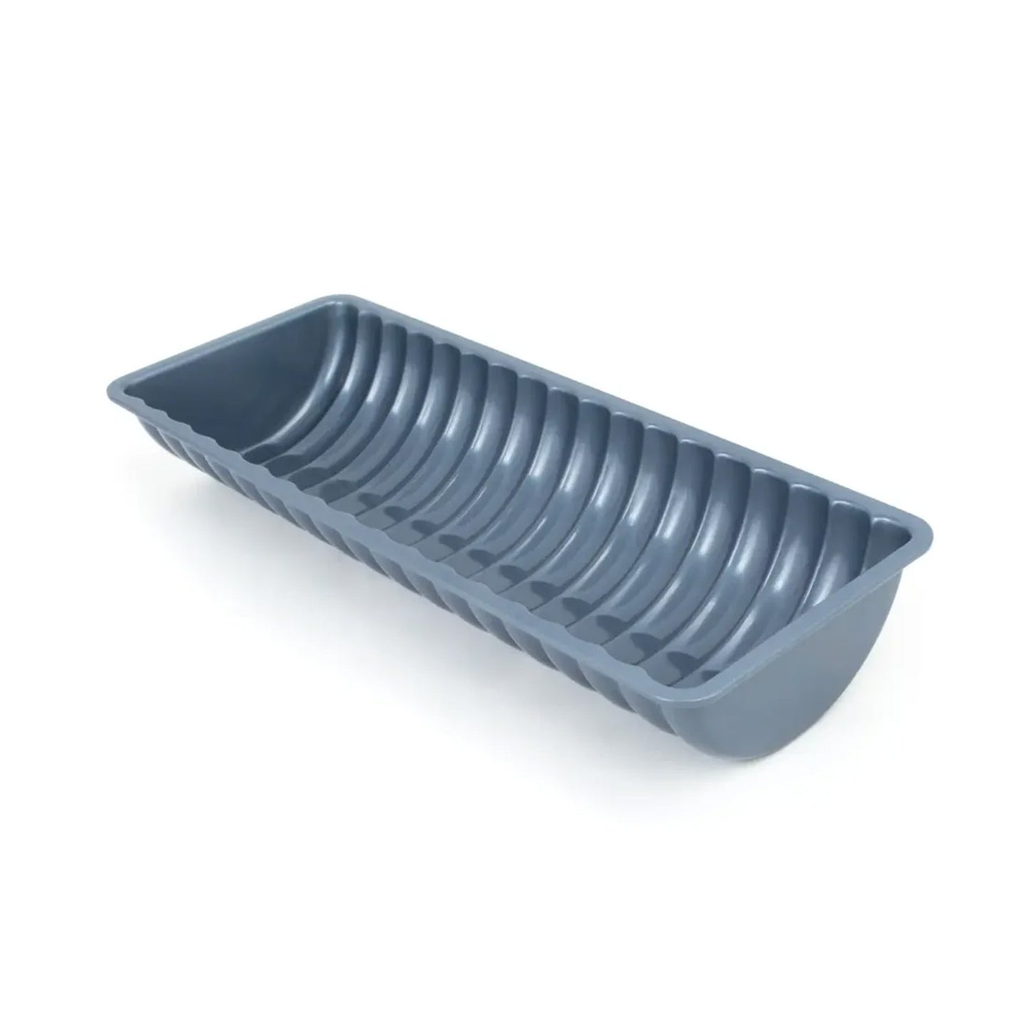 Rehrücken loaf pan with ribbed interior and non-stick coating, designed for baking traditional Austrian almond cakes.