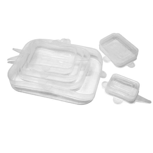 A set of six reusable, stretchable silicone food covers in various sizes, designed for sealing different container shapes.