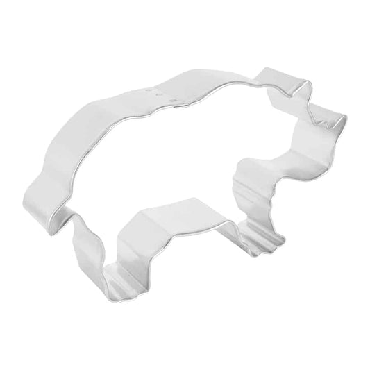 Angled side view of the rhino cookie cutter, highlighting its sturdy edges and depth.