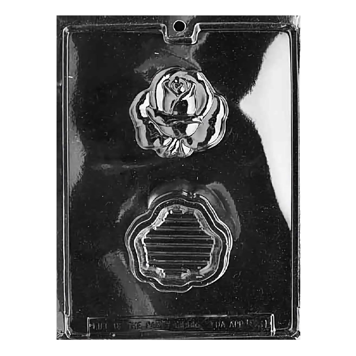 A sophisticated chocolate mold designed to create a rose-topped candy box, featuring petals and leaves with life-like depth and texture, suitable for crafting edible gift boxes or decorative chocolate centerpieces for weddings or Valentine’s Day.