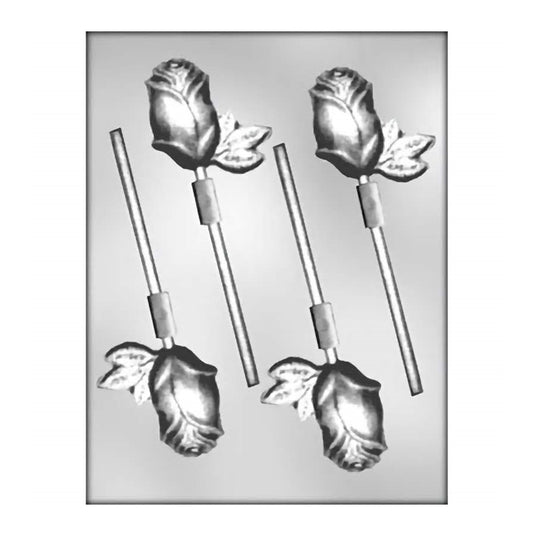 A chocolate lollipop mold that forms a 2 1/4 inch three-dimensional rose with full petals and leaves, capturing the essence of a blooming flower, perfect for creating floral-themed confections for Mother’s Day, weddings, or spring events.
