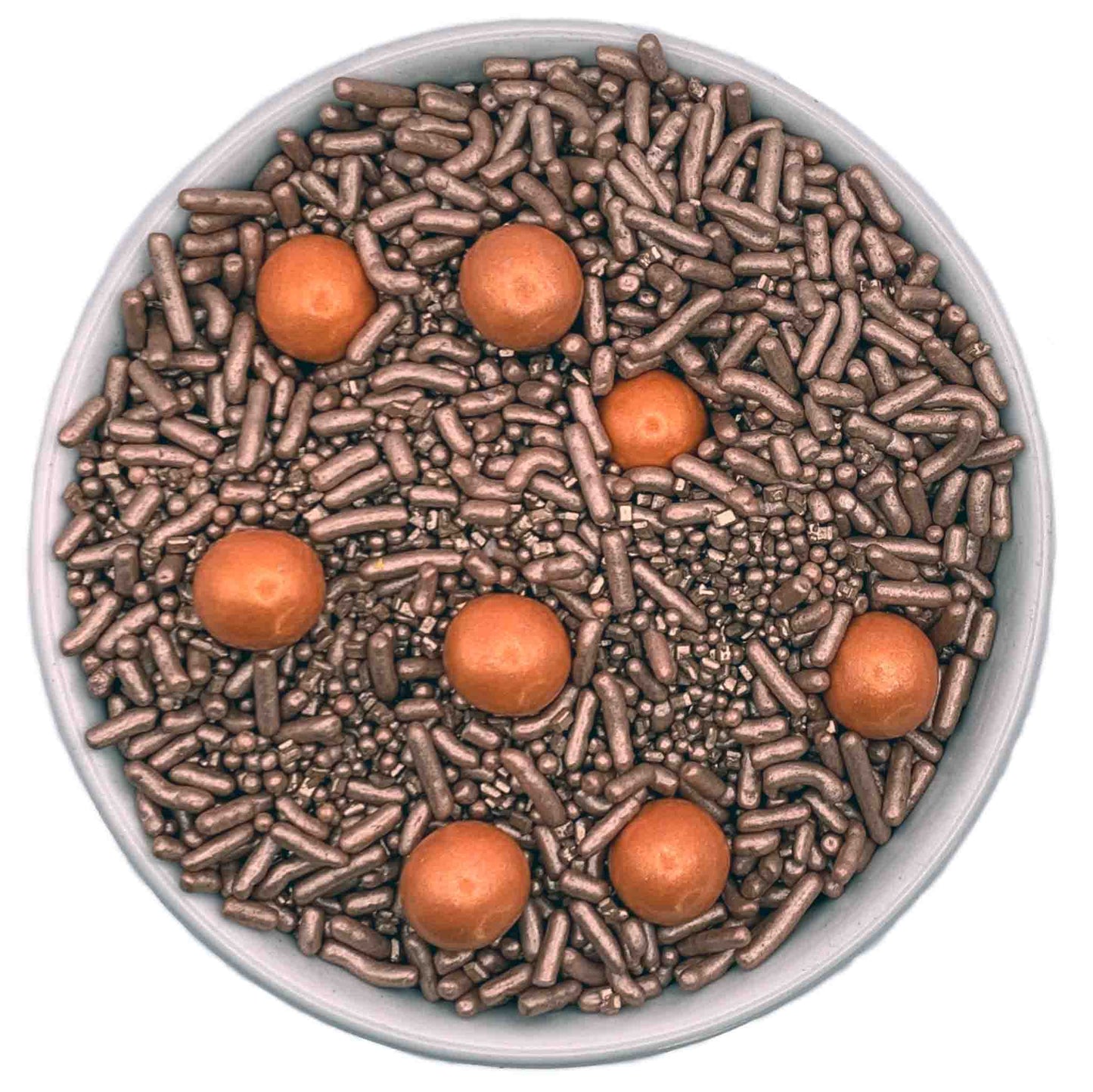 Rose gold sprinkle blend in a 3.2 oz container, featuring a mix of textured sprinkles and shiny rose gold pearls, ideal for upscale dessert decoration.