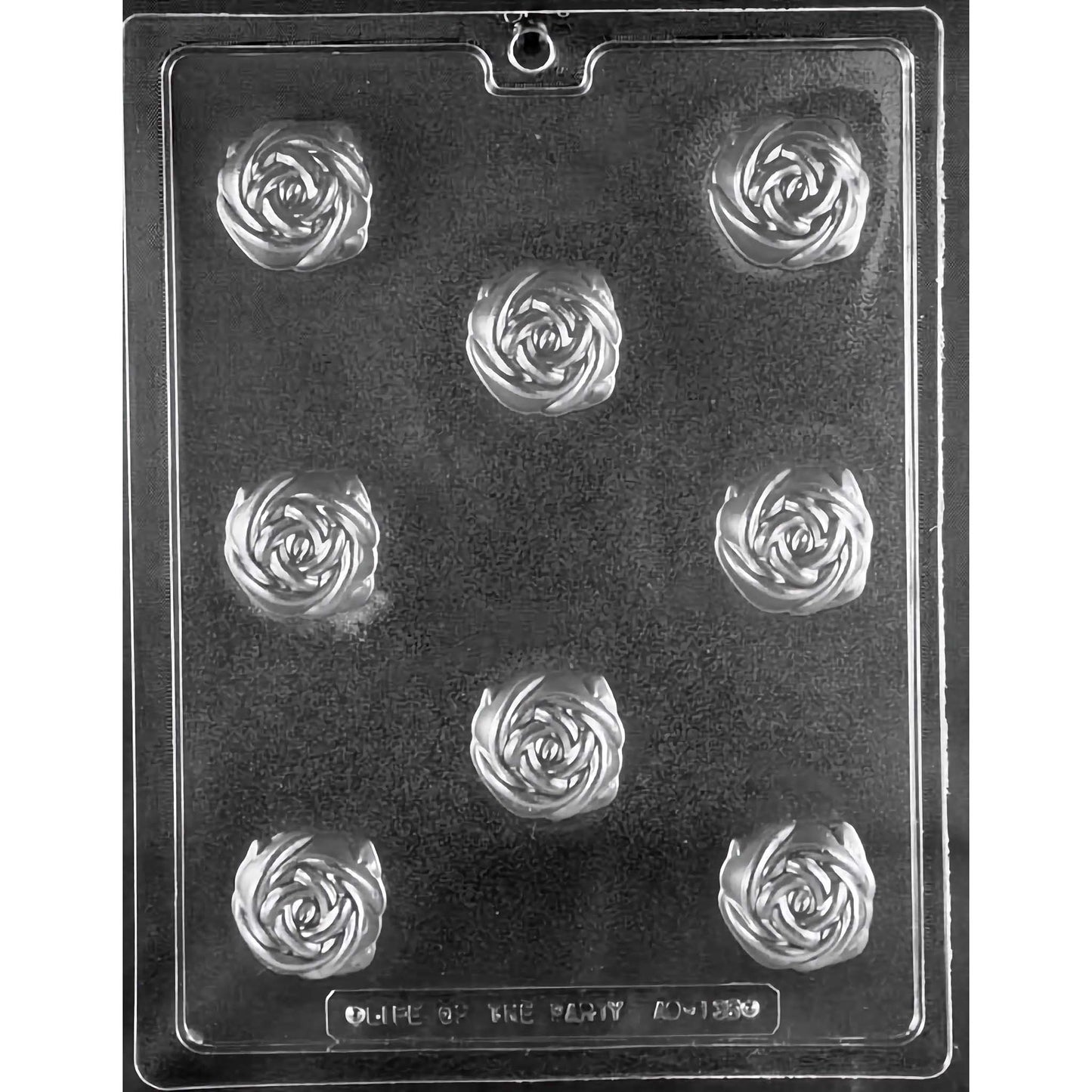 Clear plastic chocolate mold designed for crafting detailed rose-shaped truffles, featuring eight compartments each intricately shaped like a blooming rose. The mold is set against a black background, showcasing the floral detail of each cavity which includes layered petals for a realistic appearance.