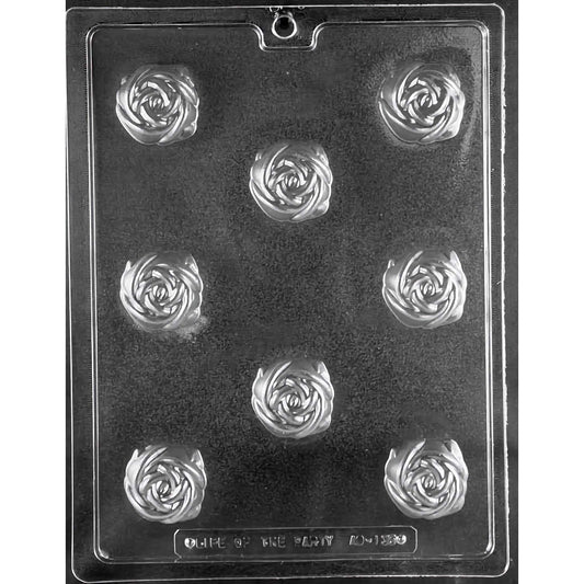 Clear plastic chocolate mold designed for crafting detailed rose-shaped truffles, featuring eight compartments each intricately shaped like a blooming rose. The mold is set against a black background, showcasing the floral detail of each cavity which includes layered petals for a realistic appearance.