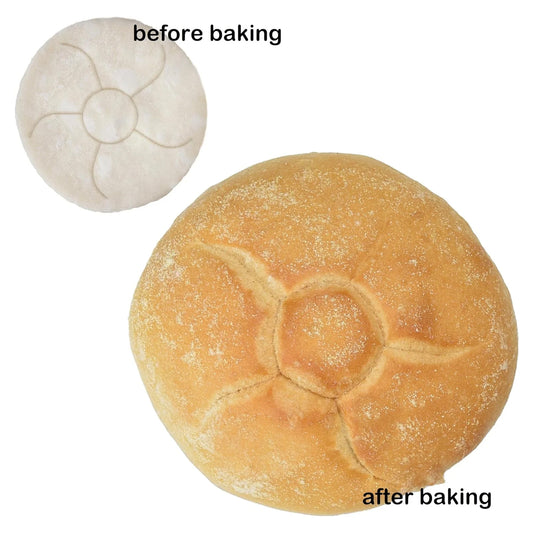 Comparison image showing rosette-stamped dough before baking and a golden baked roll after baking, both featuring a flower-like rosette pattern with a round center.