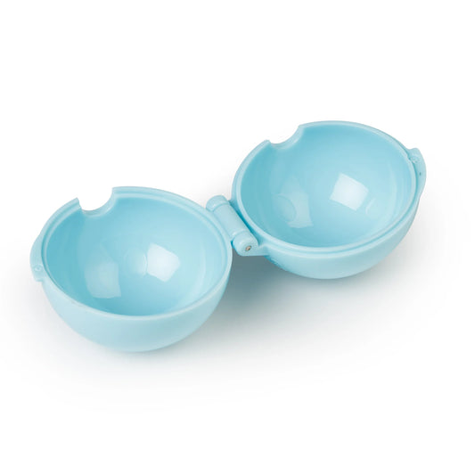 Open round cake pop mold in pastel blue showing two smooth, hollow hemispheres and air pocket notches for stick placement.