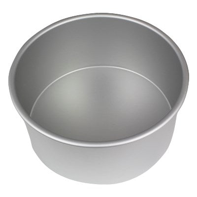 4-inch deep round cake pan made of anodized aluminum with seamless construction for smooth, straight-edge cakes.