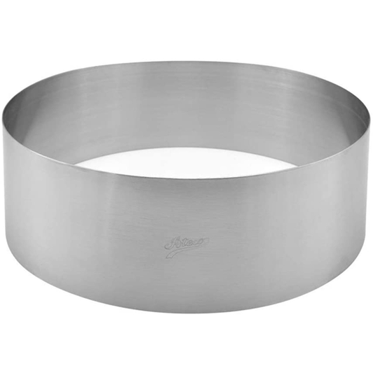 Ateco 9.5" x 3" Stainless Steel Ring Mold – Perfect for layered cakes, mousses, and plated dishes. Durable, seamless, and bottomless for easy food release.