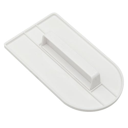 Top photo of Ateco 1301 Plastic Fondant Smoother with a rounded front and ergonomic handle for seamless cake decorating.