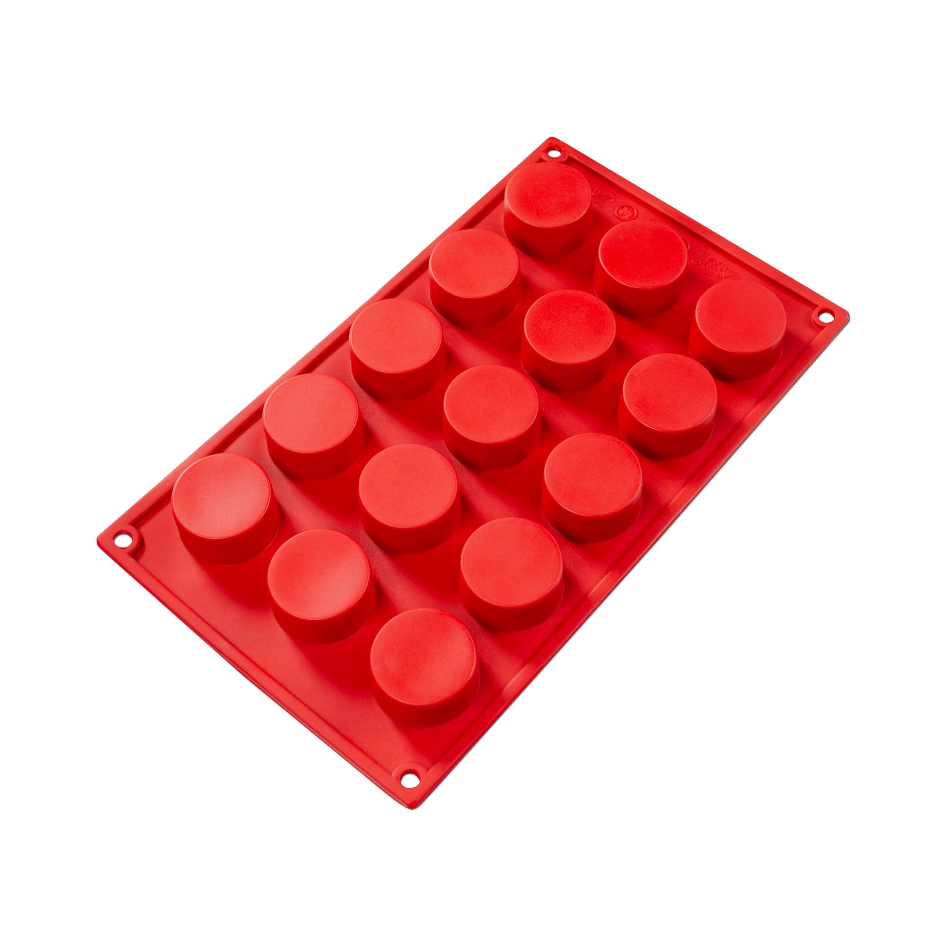 The reverse side of a red fat daddio's silicone mold for round petit fours, presenting a flat and smooth surface with round protrusions corresponding to each of the 15 cavities. This bottom view highlights the uniformity and precision of the mold design, which allows for consistent baking or candy-making results. The silicone material appears thick and durable, with an emphasis on professional-grade quality.
