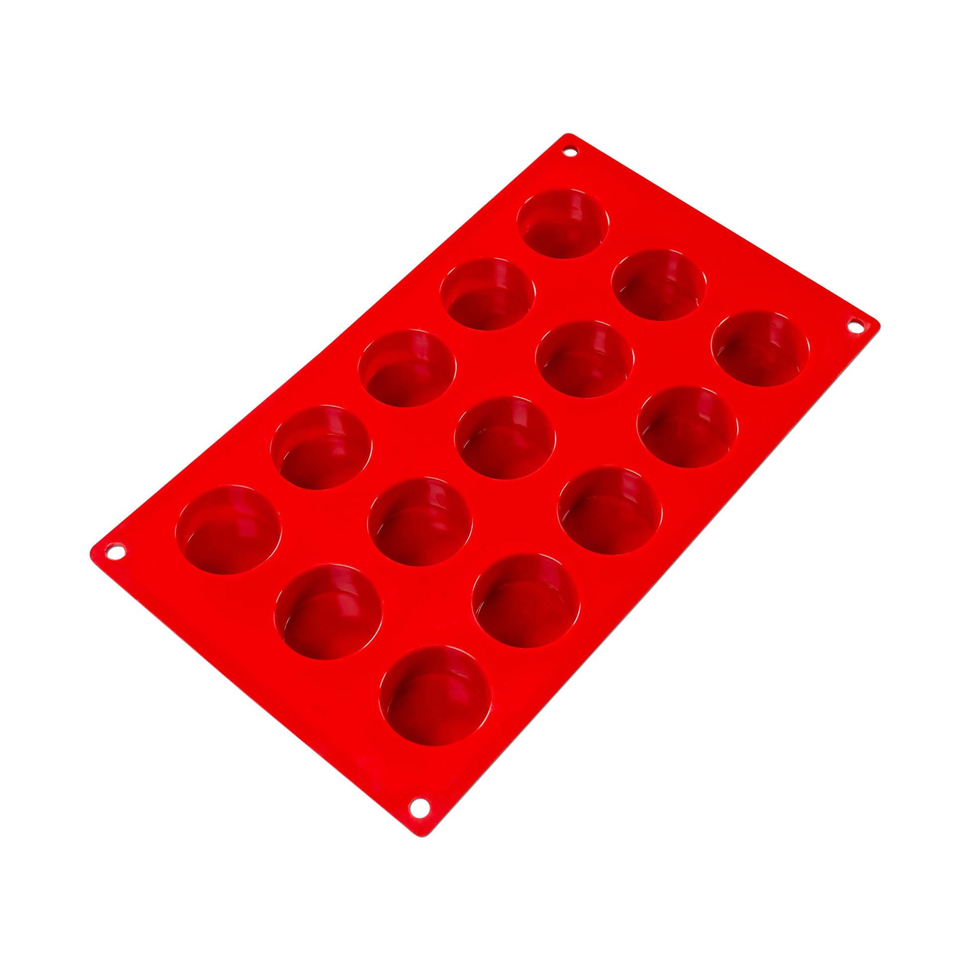 A vibrant red fat daddio's silicone mold with 15 round cavities arranged in three rows of five, designed for creating petit fours or small confections. The cavities are depicted from the top view, showing their semi-spherical shape, ideal for crafting round bite-sized treats. The glossy finish of the mold suggests a non-stick surface, and the two holes at the ends imply it's easy to handle and store.