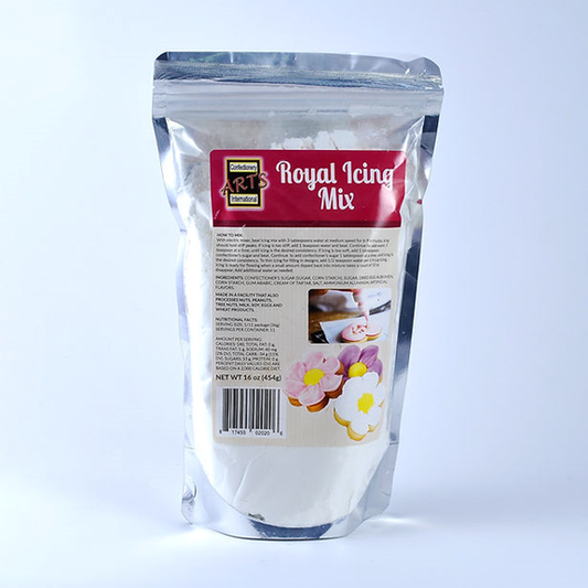 Bag of white Royal Icing Mix in silver pouch packaging with red label, ideal for decorating cookies and cakes with piped or flood-style icing.