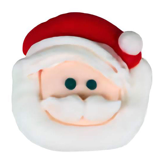 1-inch Royal Icing Santa Face decoration featuring a red hat, white beard, and black eyes, sold in a 6-pack for holiday desserts.