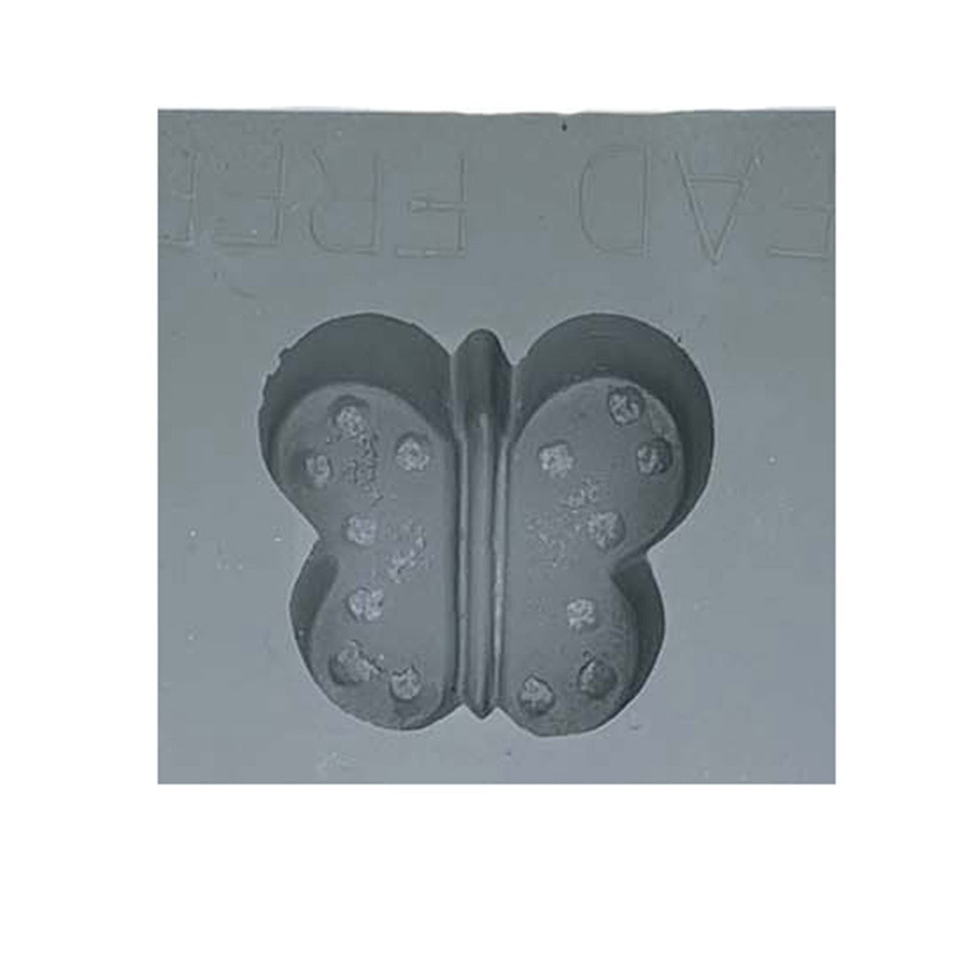Close-up of a single cavity from the Butterfly Rubber Mint Mold, featuring a butterfly shape with dotted wing details for crafting spring-themed candies or mints.