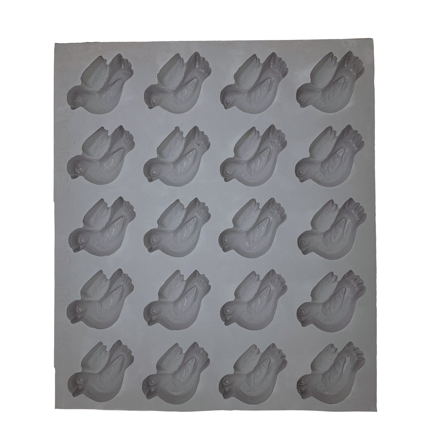 Full sheet of the Dove Rubber Mint Mold with 20 dove-shaped cavities, perfect for weddings, religious events, and peace-themed desserts.