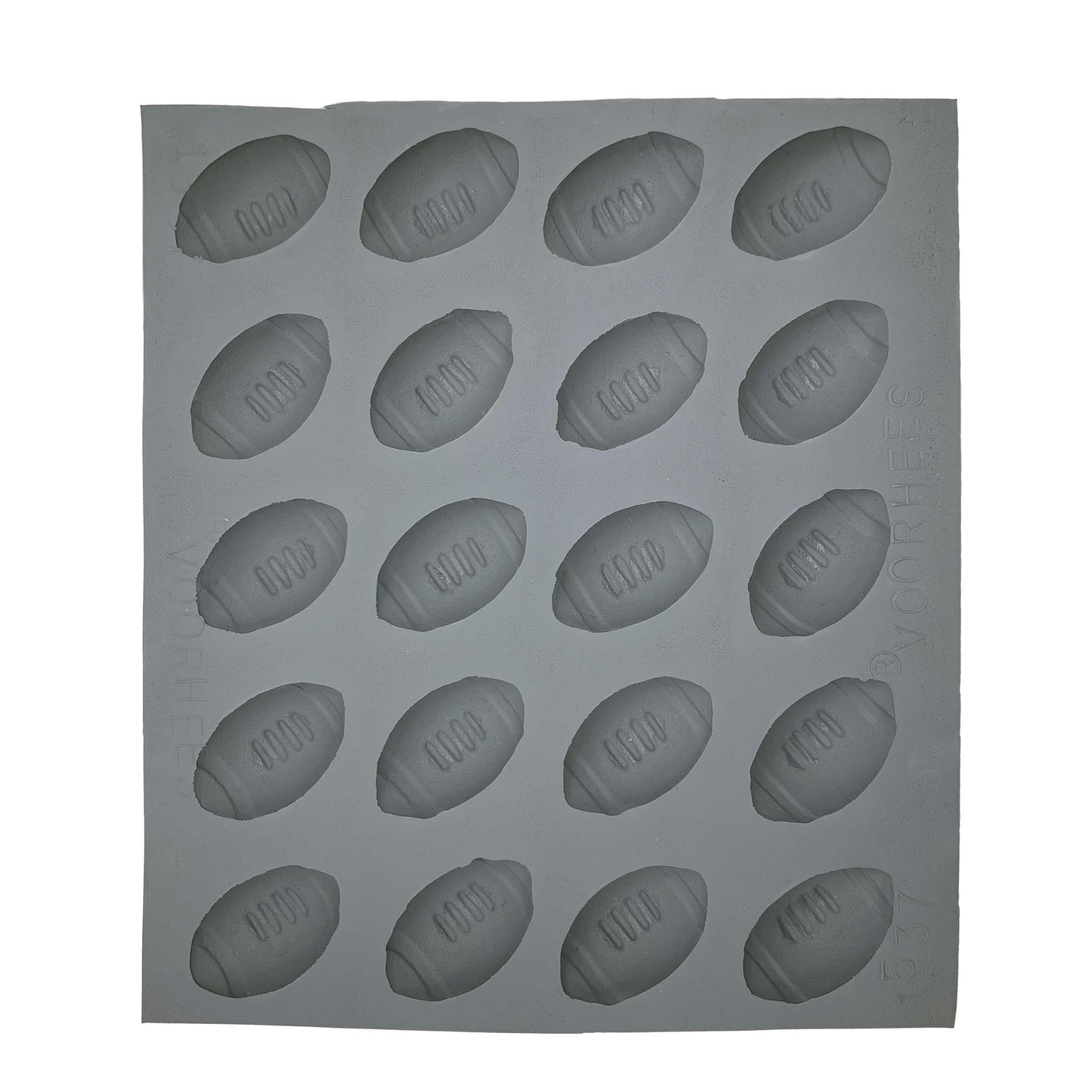 Full sheet of 20 football-shaped cavities in a natural rubber mold used for creating sporty treats for game day or football-themed parties.
