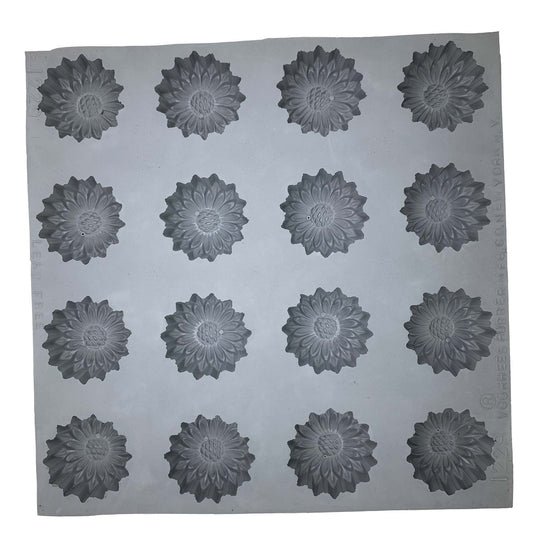 Full sheet of the Large Daisy or Sunflower Rubber Mint Mold featuring 16 flower-shaped cavities, ideal for creating daisy or sunflower-themed candies and mints.