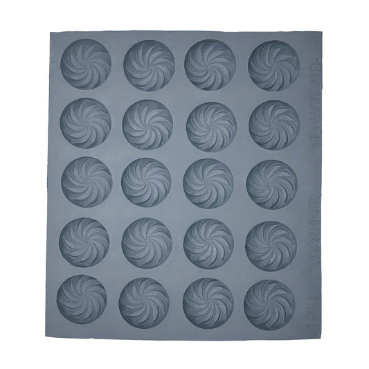 Full sheet of swirl rubber mint molds featuring 20 round cavities with spiral pattern
