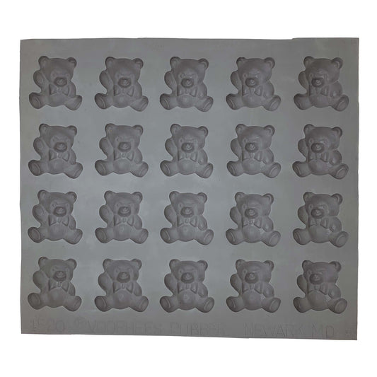 Full sheet of 20 teddy bear-shaped cavities in a natural rubber mold for making cream cheese mints, candies, or molded soaps.