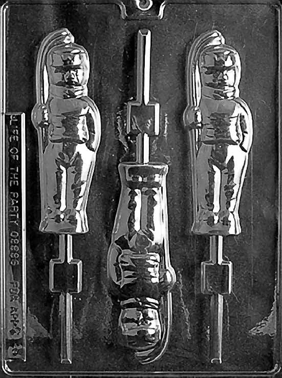 HOCKEY PLAYER chocolate mold with tall skater silhouette holding a stick; elongated cavity on a clear mold sheet.