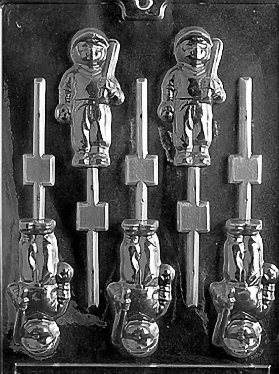 BASEBALL Lollipop chocolate mold showing round baseball with stitched detail; lollipop cavity on clear sheet.