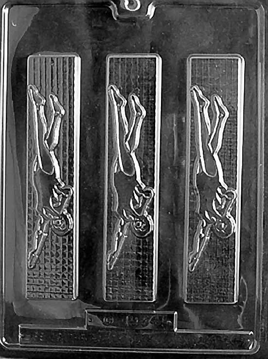 FEMALE SWIMMER chocolate mold with elongated swimmer outline; narrow cavity on a clear mold sheet.