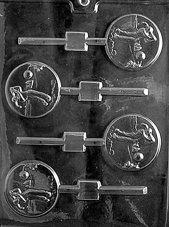 GOLF Lollipop chocolate mold showing round lollipop cavities with golf ball dimples; clear mold with stick channels.