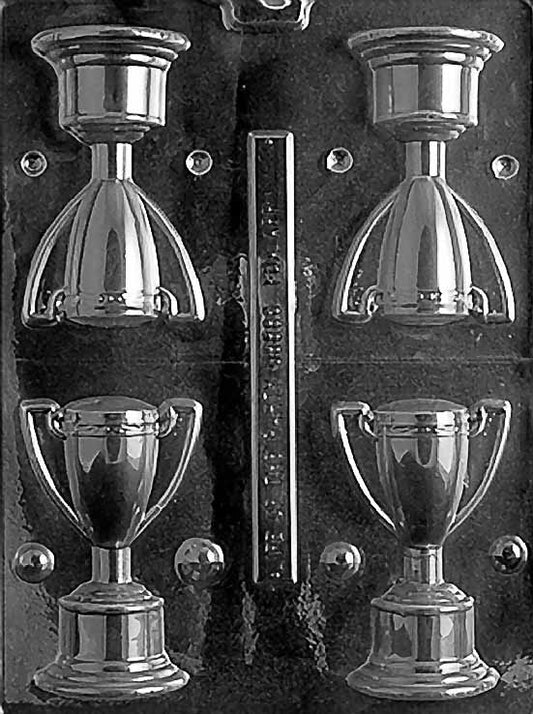 3D TROPHY chocolate mold with dimensional trophy shape including handles and pedestal base; deep clear mold.