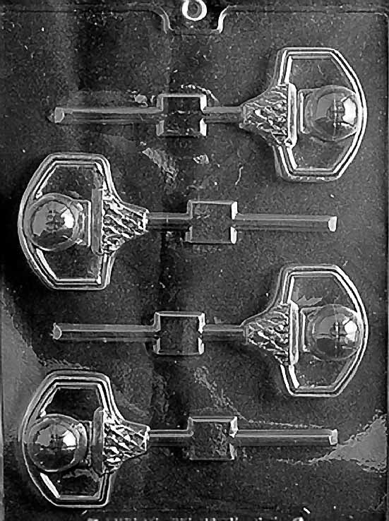 BASKETBALL & NET Lollipop chocolate mold with lollipop cavities depicting ball entering a net; clear sheet with stick channel.