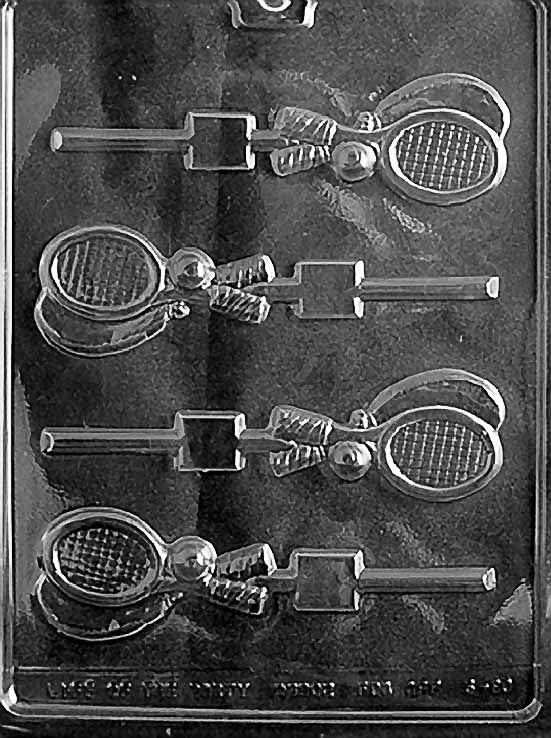 TENNIS RACQUET Lollipop chocolate mold with small racquet lollipop cavities showing string pattern; clear mold sheet.