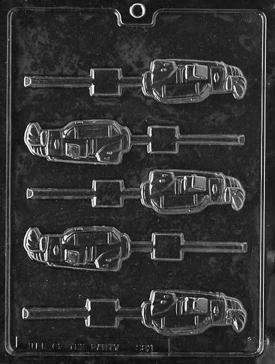 GOLF Lollipop chocolate mold with lollipop cavities embossed with golf ball design; clear sheet with stick channel.