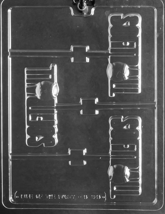 Softball Word with Ball Lollipop chocolate mold with lollipop cavities featuring softball text and ball; clear mold.