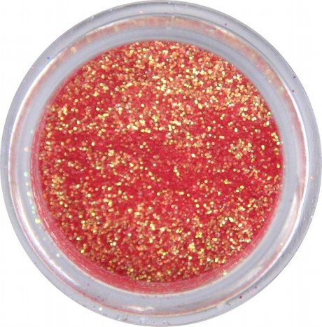 Overhead view of a jar filled with red Galaxy Glitter Dust blended with gold sparkle, creating a bold, fiery effect.