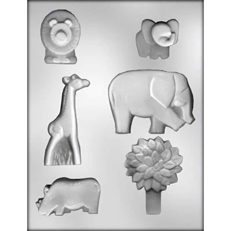 Safari Animal Chocolate Mold showcasing various animal shapes including a lion, elephant, giraffe, rhino, and a palm tree.