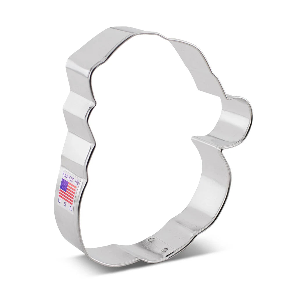 4.5-inch Santa's face cookie cutter made from durable metal, perfect for creating detailed holiday cookies.