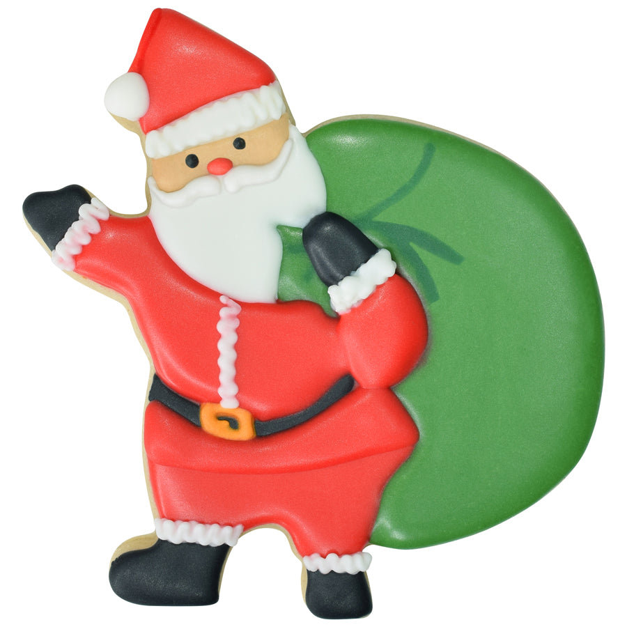 Decorated Santa cookie with red suit, white beard, black boots, and a large green gift sack, shaped with the Santa with Sack cookie cutter.