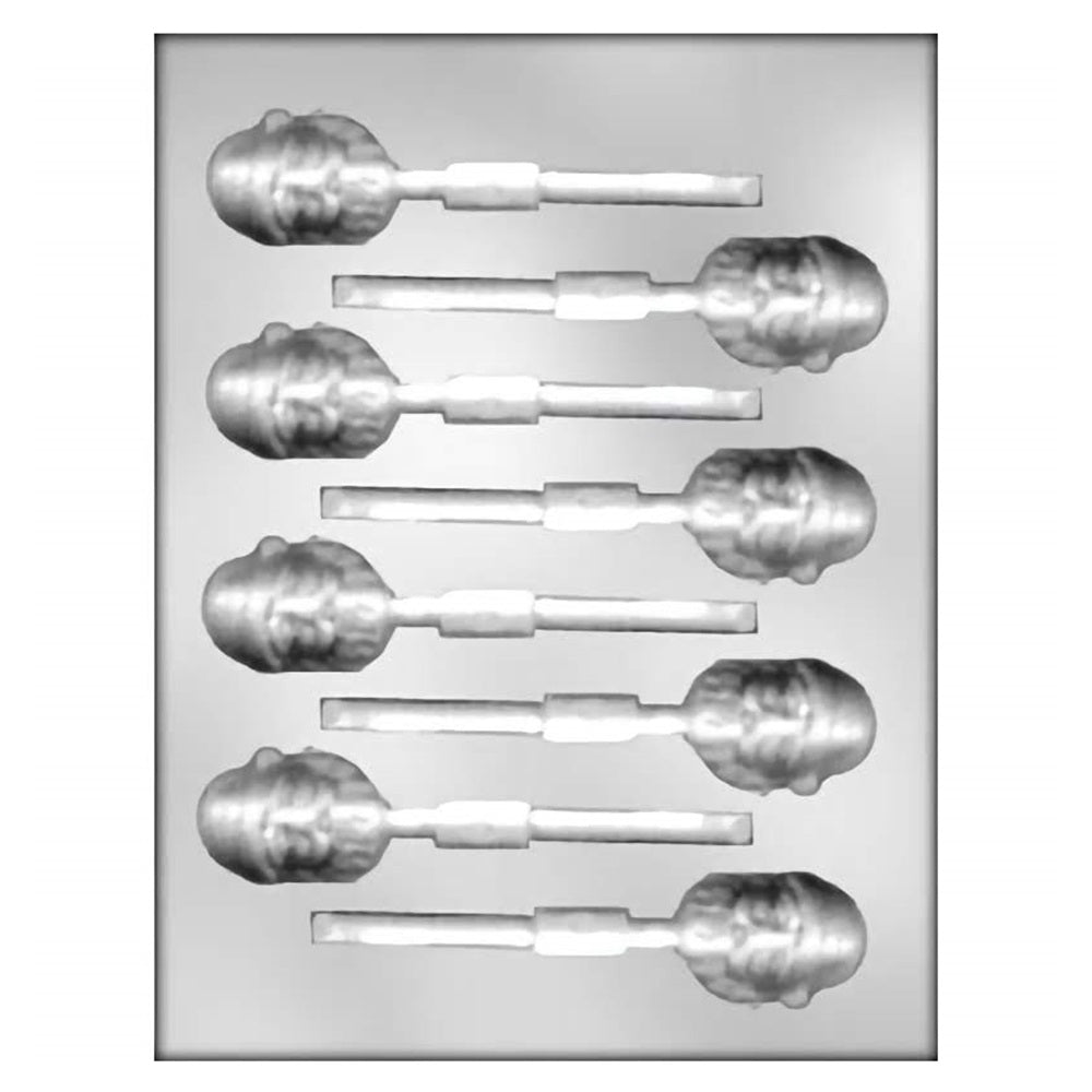 This a chocolate mold for making chocolate suckers in the shape of santas face. Each mold has 8 cavities in it with a slot in each for a sucker stick.