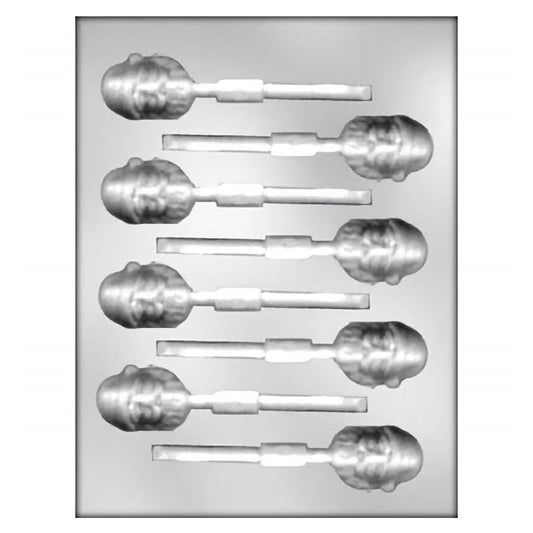 This a chocolate mold for making chocolate suckers in the shape of santas face. Each mold has 8 cavities in it with a slot in each for a sucker stick.